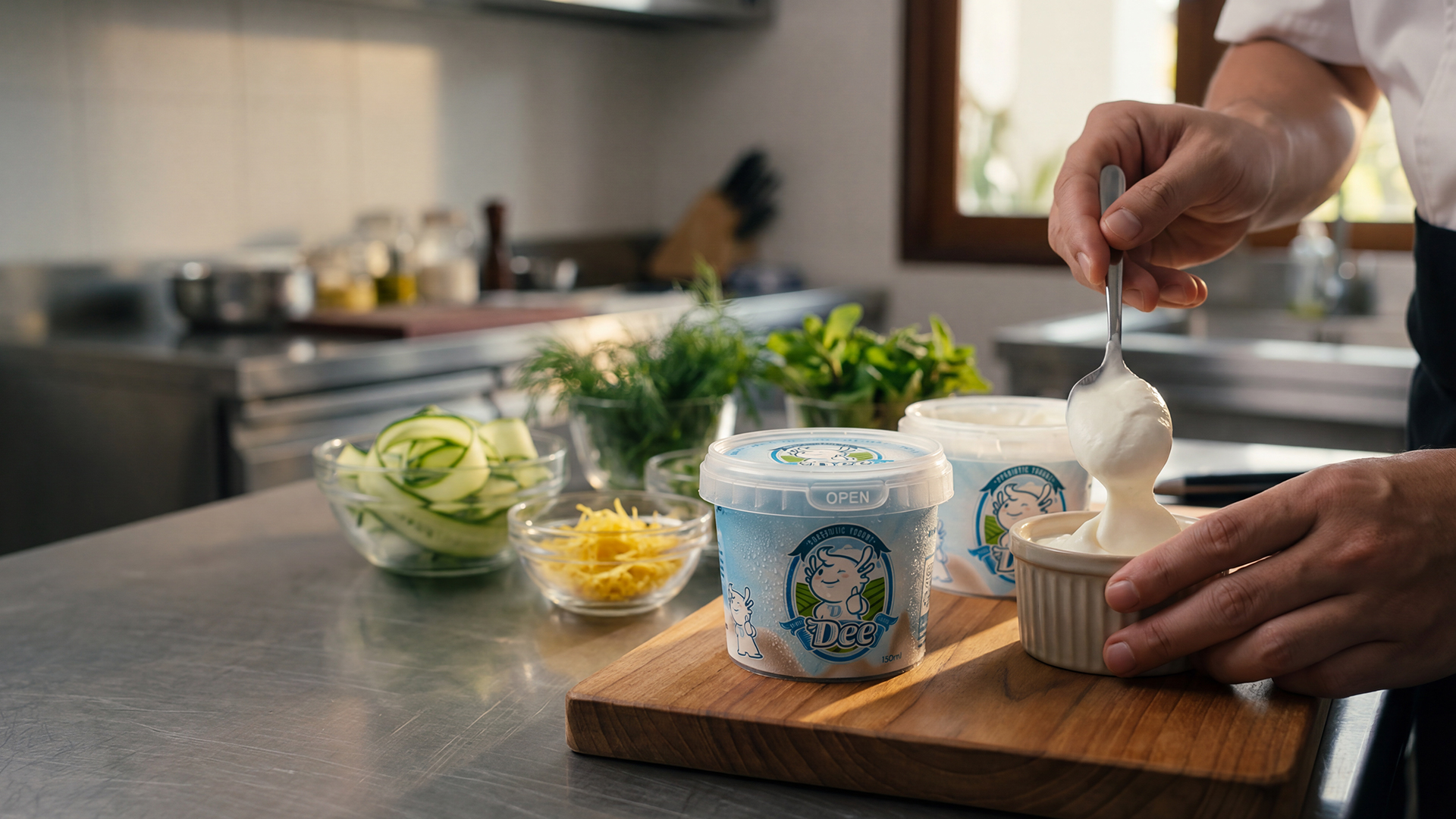 DEE Greek yogurt cup on a stainless kitchen counter