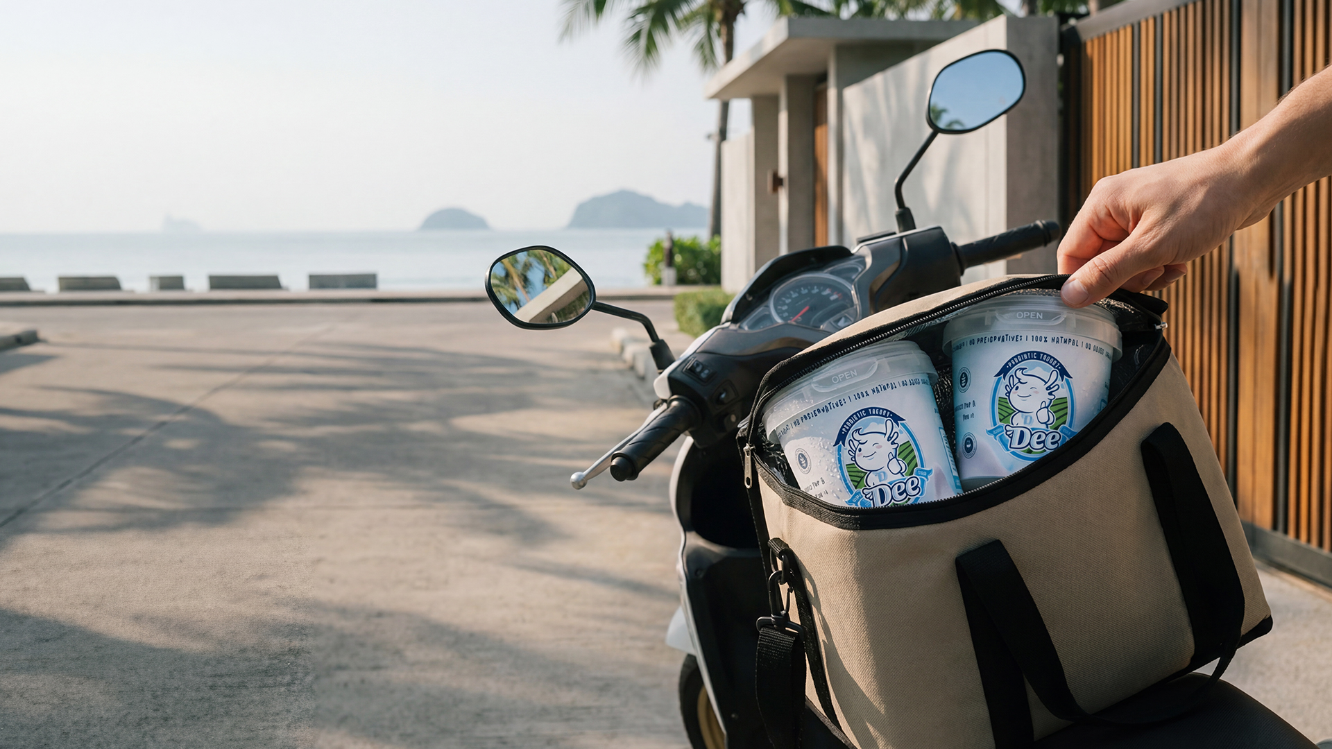 DEE Yogurt delivery on scooter with ocean view in Phuket