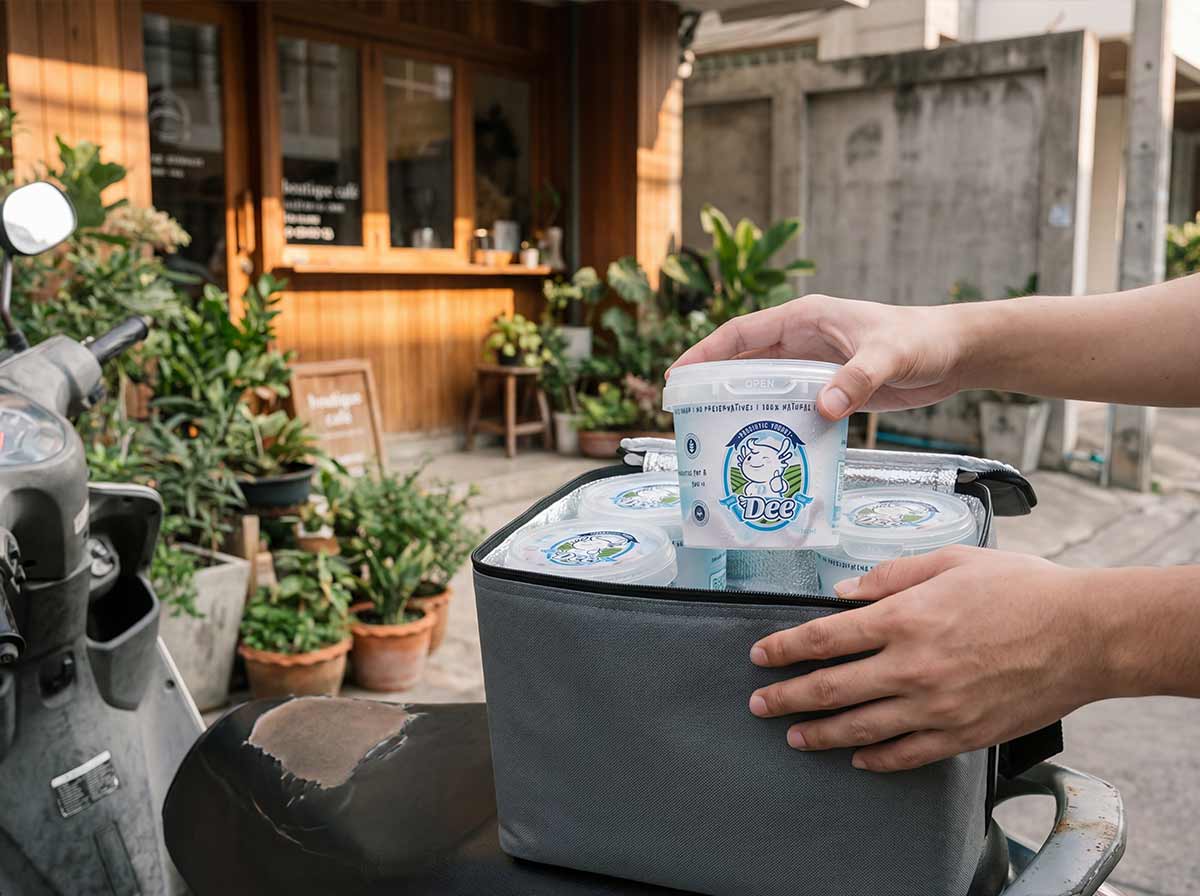 DEE Yogurt scooter delivery at a cafe in Chiang Mai Old Town