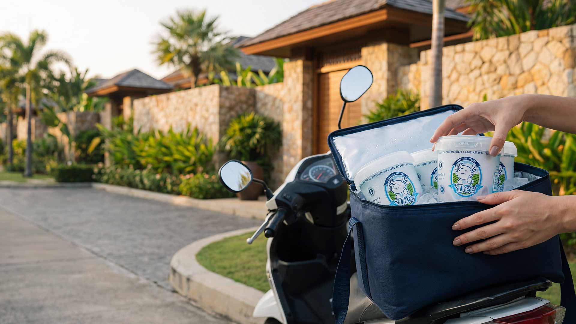 DEE Yogurt delivery by scooter in a Thai residential neighborhood