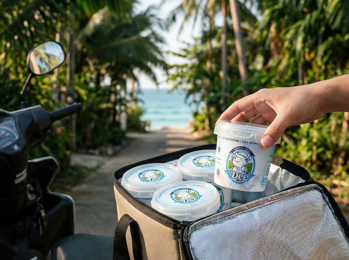 DEE Yogurt delivery on beachside path with palm trees in Phuket