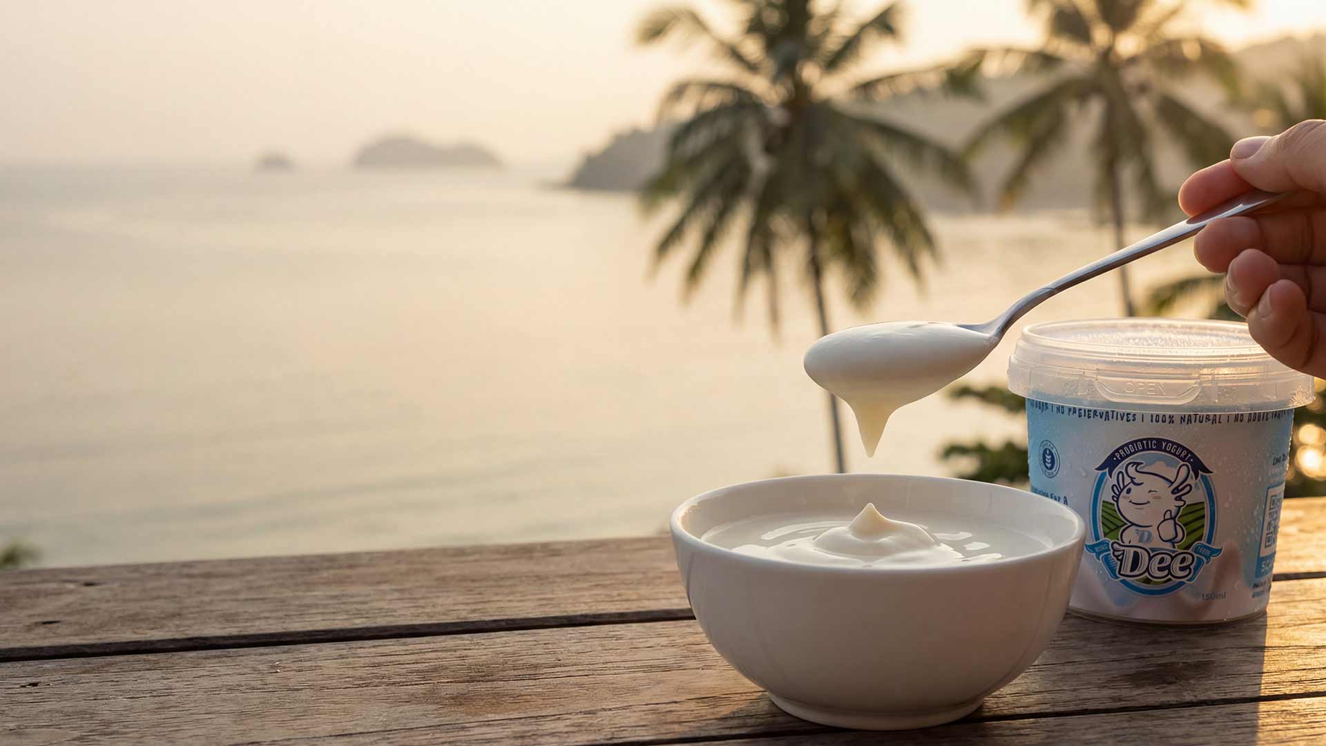 Woman holding DEE Regular yogurt cup in fitness setting with natural morning light
