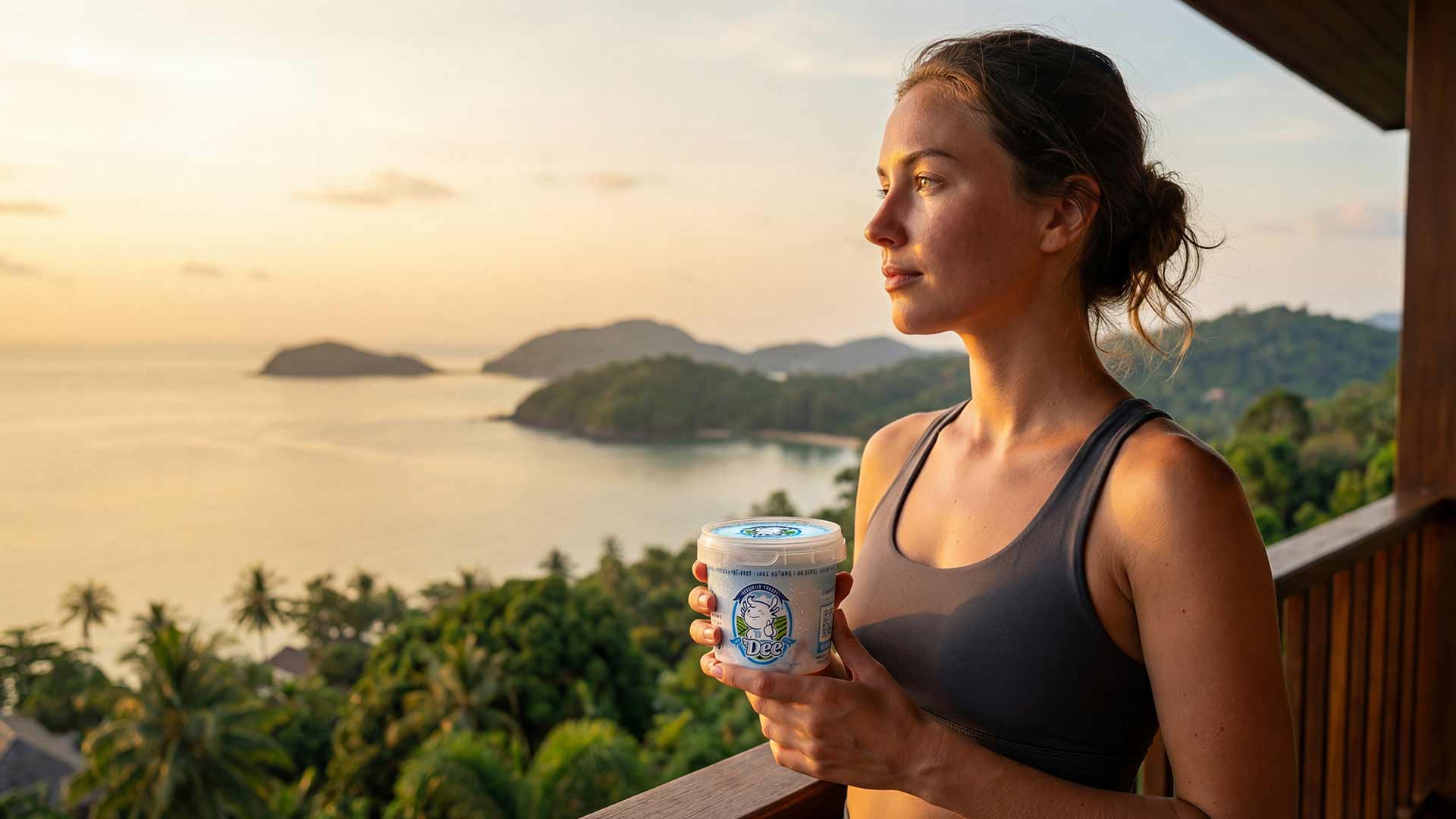 American woman in Phuket eating yogurt at sunrise