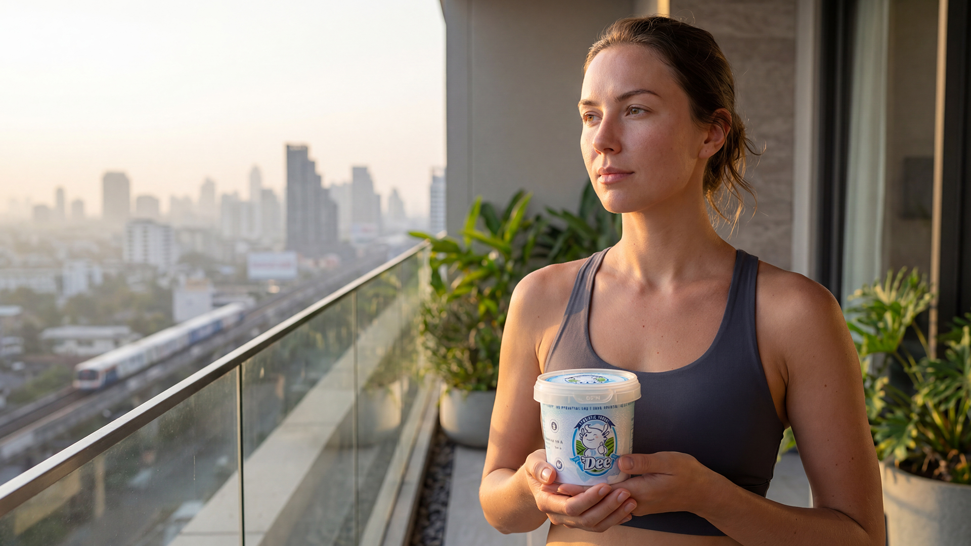 Woman enjoying DEE Yogurt on Bangkok condo balcony with city skyline and BTS train at sunrise