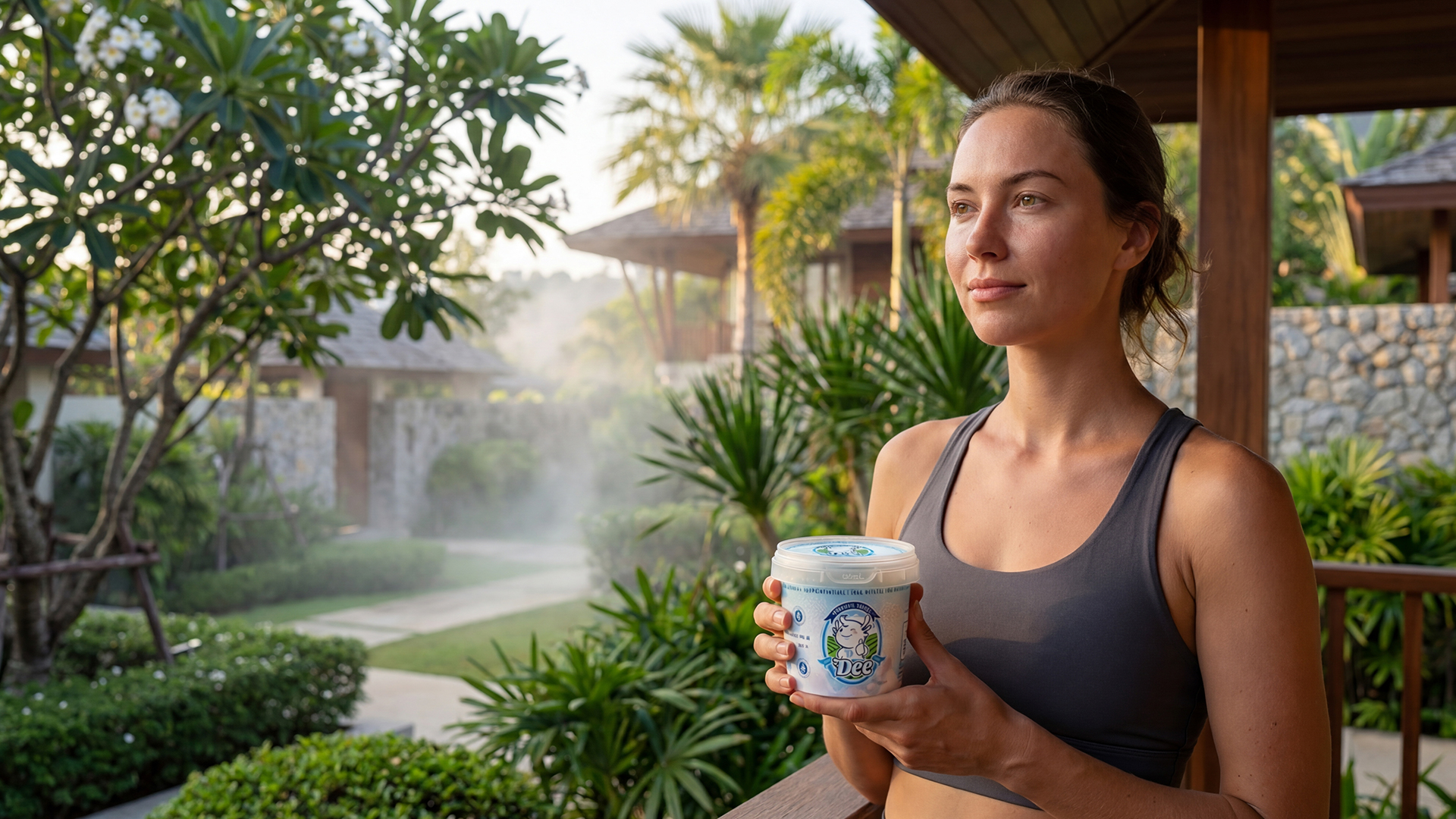 Woman enjoying DEE Yogurt on Hua Hin resort veranda with tropical garden and frangipani flowers