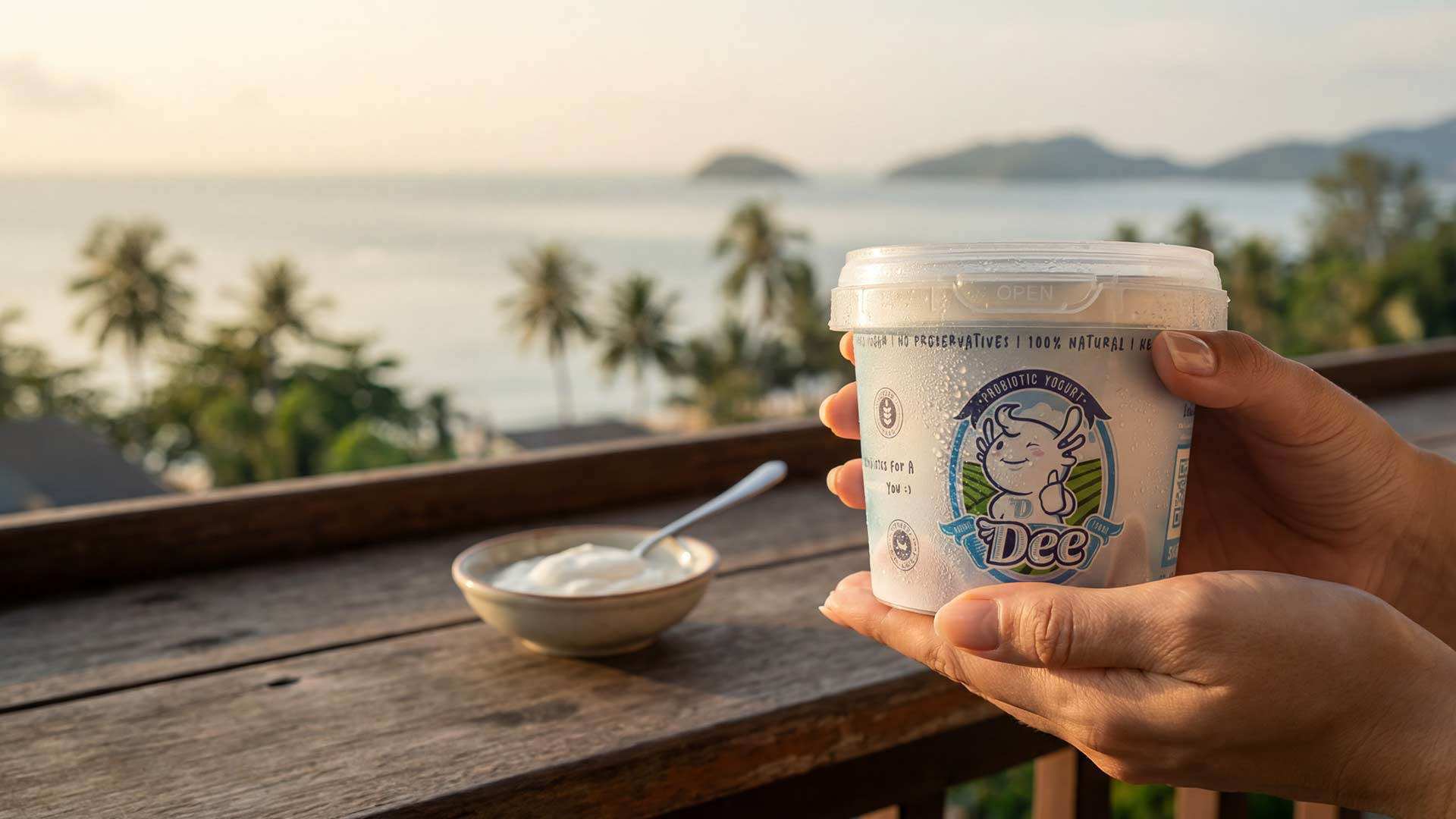 DEE probiotic yogurt with Phuket ocean view at sunrise