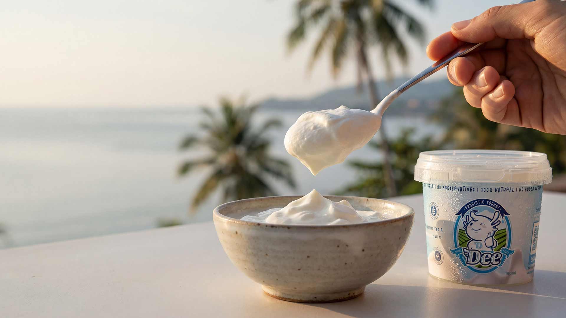 DEE Greek yogurt with fresh fruits and tropical Phuket ocean backdrop