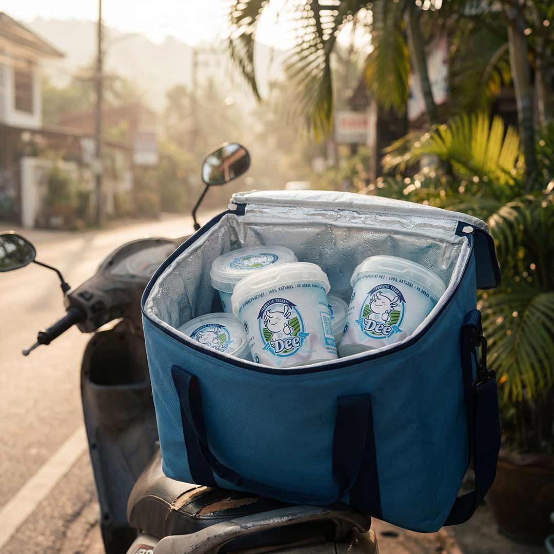 DEE Yogurt delivery on scooter in Phuket morning light