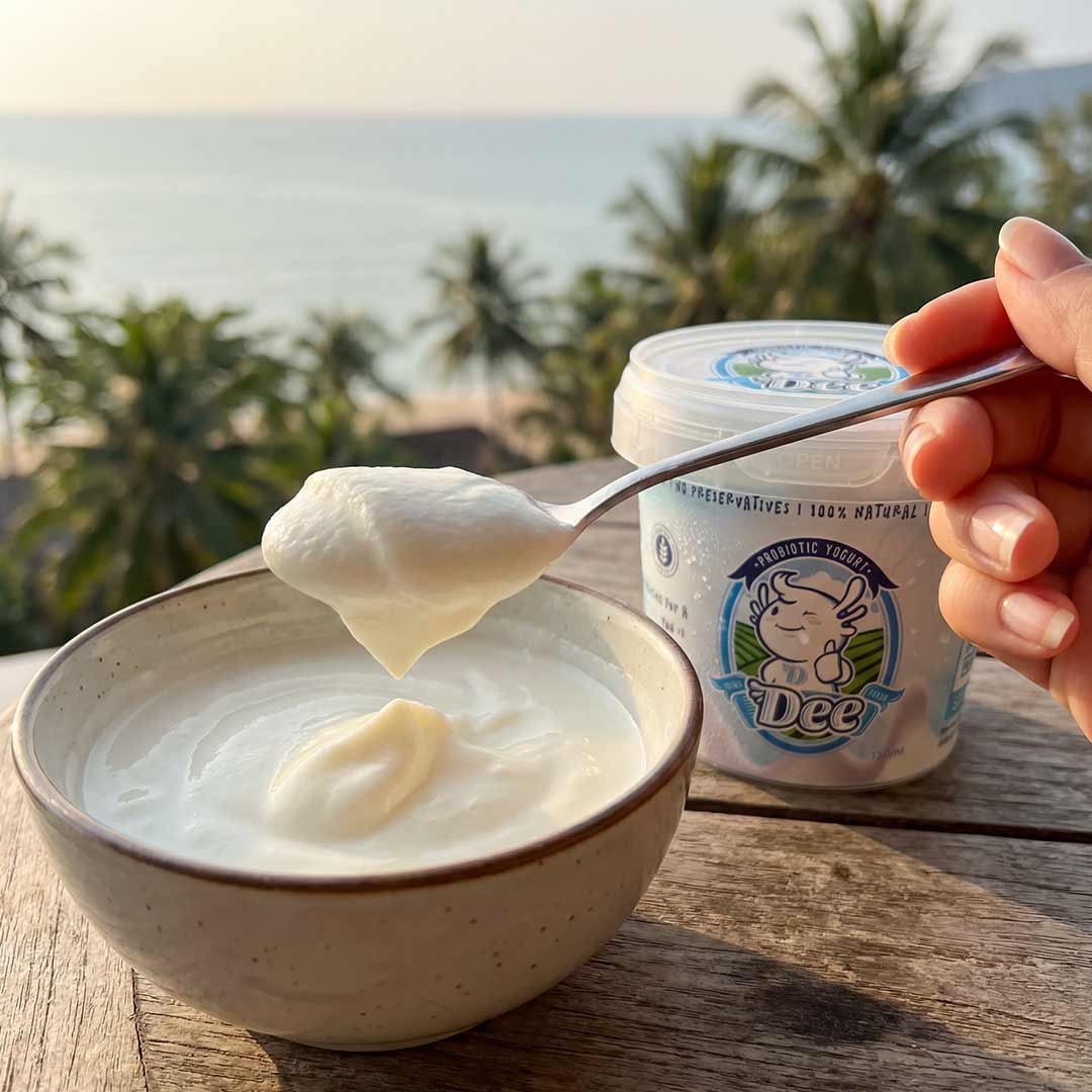 Creamy DEE probiotic yogurt in bowl with spoon showing thick texture, Phuket ocean and palm trees in background